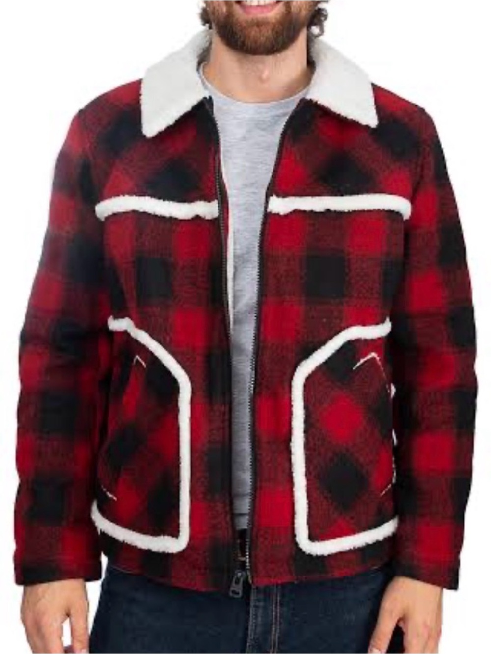 Levi’s Men’s Rancher Jacket Buffalo Plaid Sherpa Lined Red Black Large NWT
